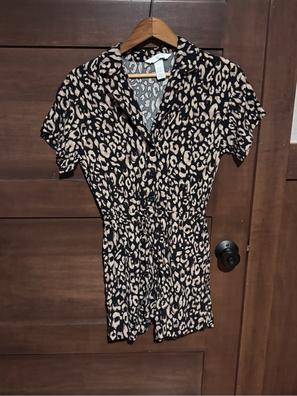 H&M Black and Beige Leopard-Print Button Romper